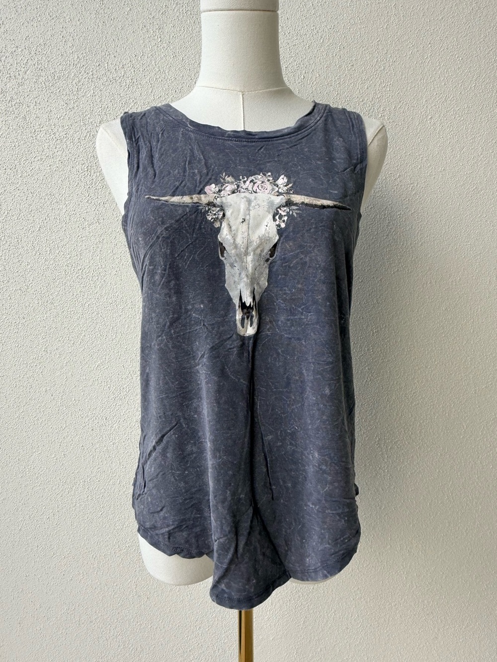 Vintage-Inspired Nashville style Blue, white, and pink Floral Skull Tank Top